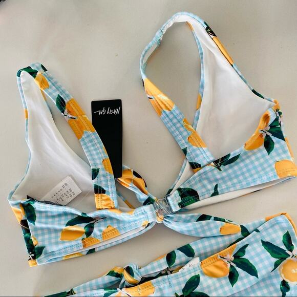 NEW NASTY GAL Blue White Gingham Lemon Plaid High Rise Vintage Cut Swim Bikini 0 - Picture 8 of 10